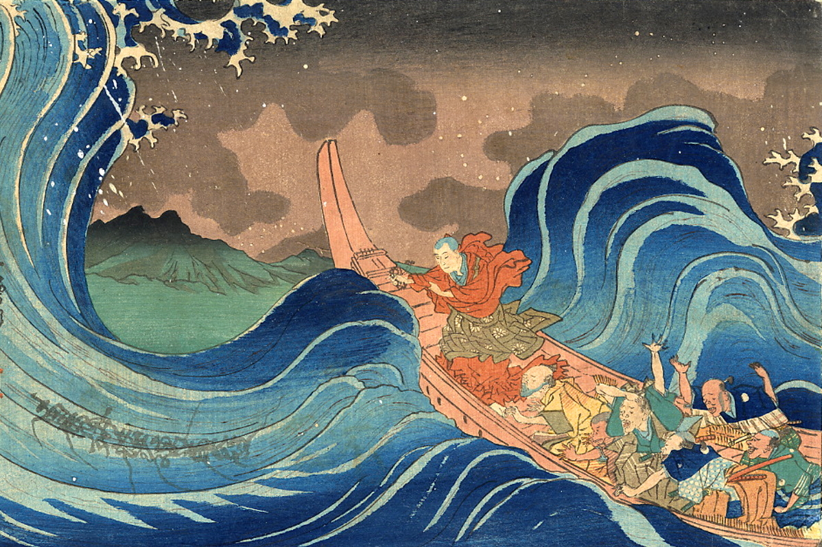 Nichiren calmant la mer, en chemin vers l'île de Sado. Par Kuniyoshi. [DR]